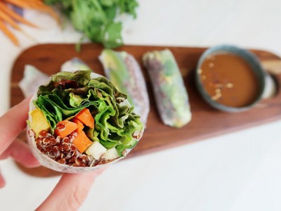 Red Quinoa Veggie Spring Rolls With Spicy Cashew Sauce